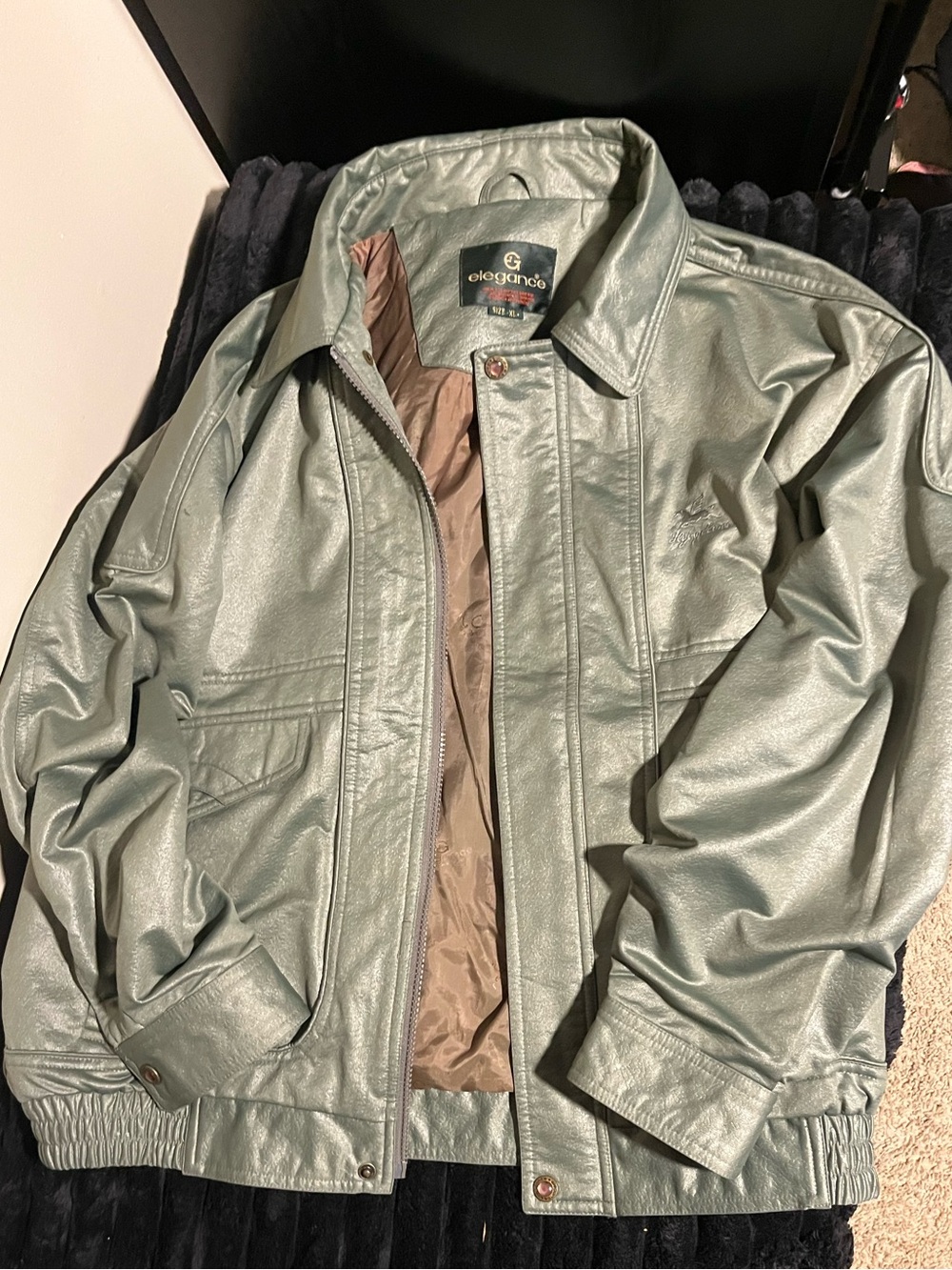 VTG 80s Metallic Sage Green Bomber Jacket Elegance XL Faux Leather Mint Conditio